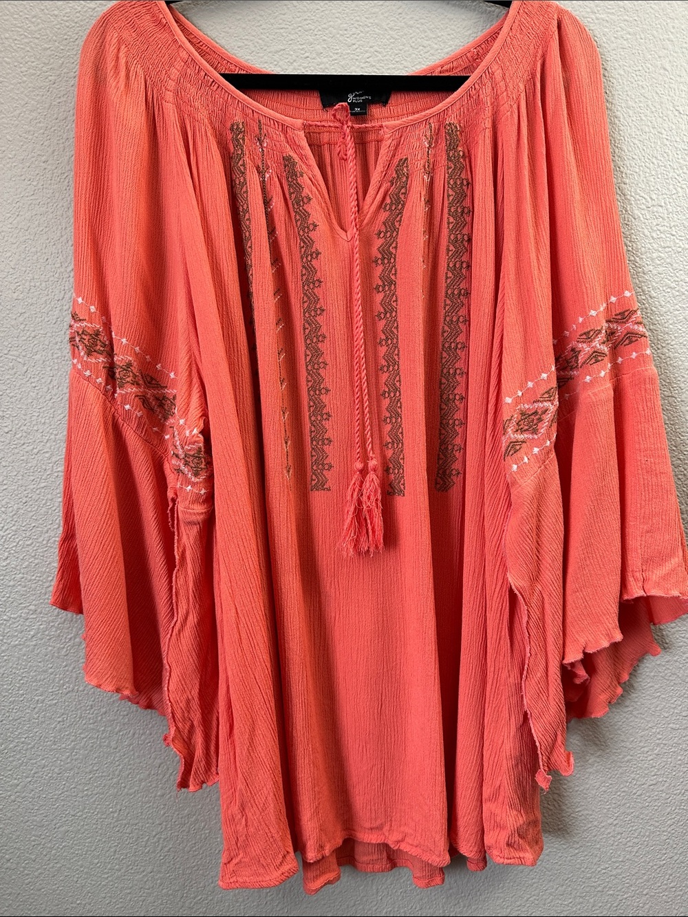 Women's 3X Vintage Havana Coral Embroidered Boho Tunic with Tassel Tie